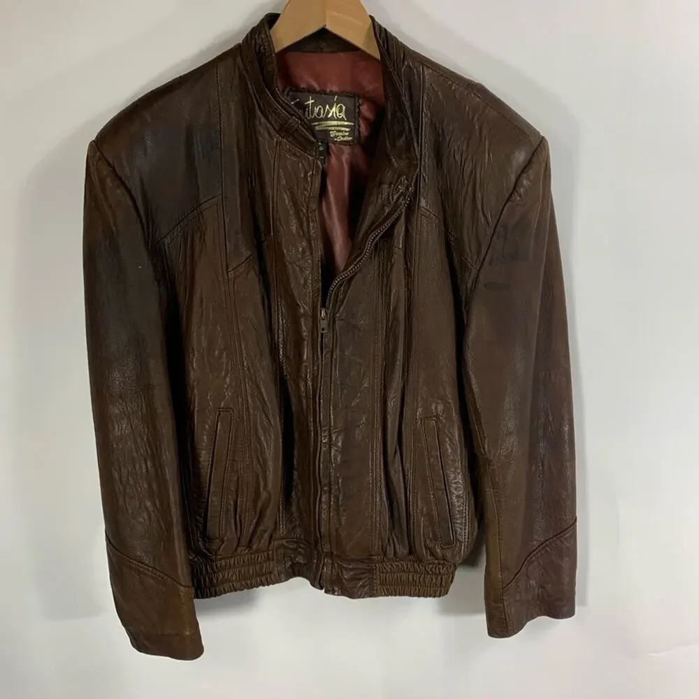 Vintage Grunge Brown Leather Bomber Jacket Sz 46 XL